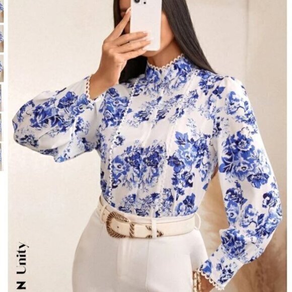 SHEIN Unity Floral Print Bishop Sleeve Mock Neck Shirt womens size medium - Picture 1 of 4